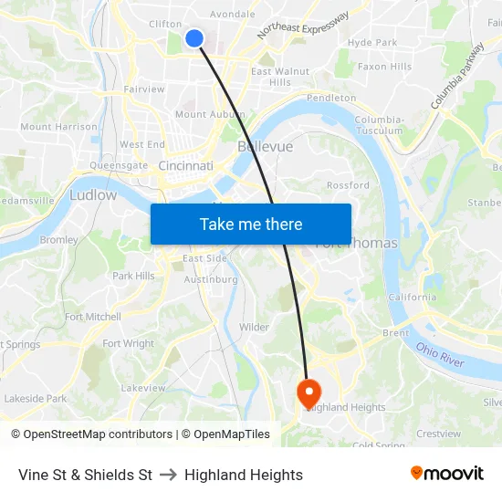 Vine St & Shields St to Highland Heights map