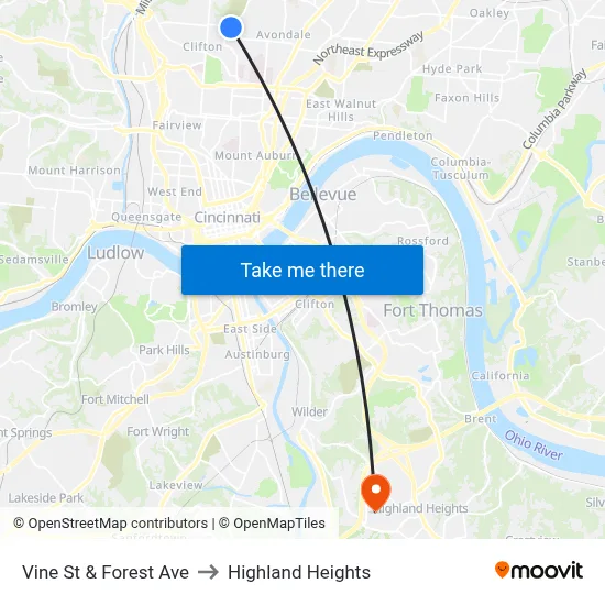 Vine St & Forest Ave to Highland Heights map