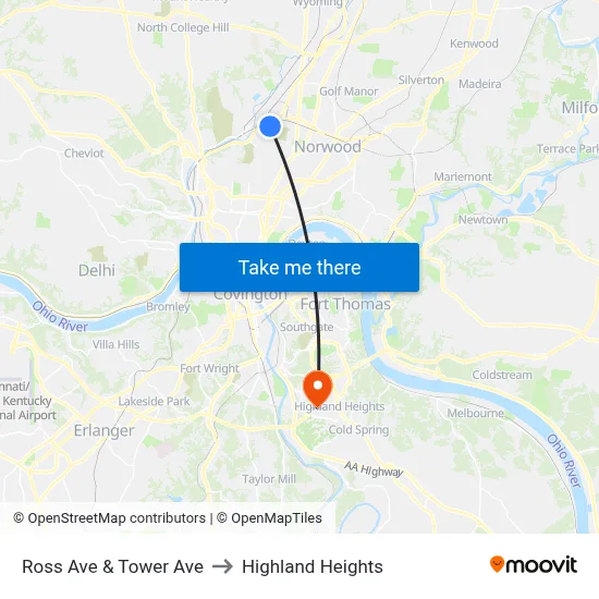 Ross Ave & Tower Ave to Highland Heights map