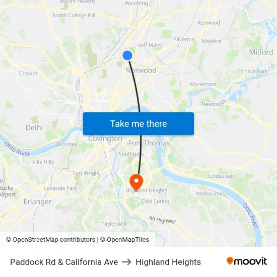 Paddock Rd & California Ave to Highland Heights map