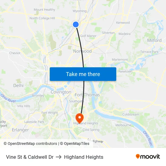 Vine St & Caldwell Dr to Highland Heights map