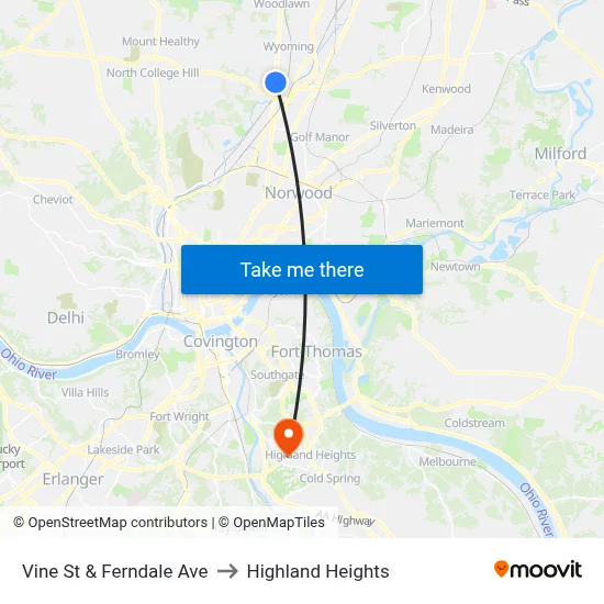 Vine St & Ferndale Ave to Highland Heights map