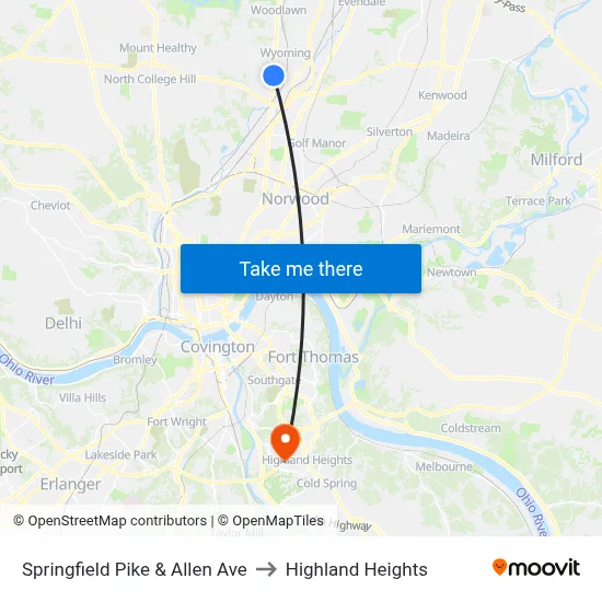Springfield Pike & Allen Ave to Highland Heights map