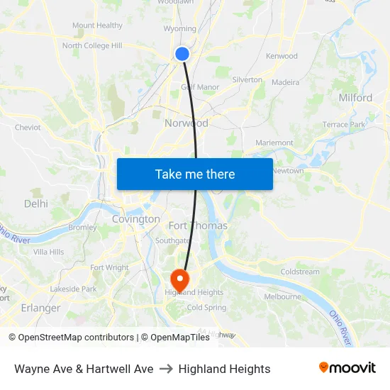 Wayne Ave & Hartwell Ave to Highland Heights map