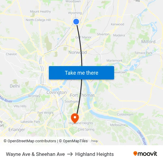Wayne Ave & Sheehan Ave to Highland Heights map