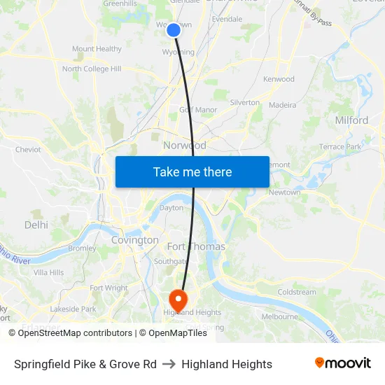 Springfield Pike & Grove Rd to Highland Heights map