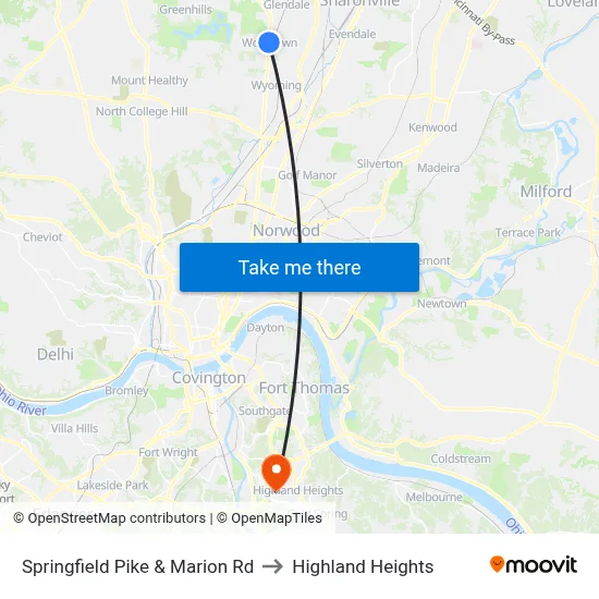 Springfield Pike & Marion Rd to Highland Heights map