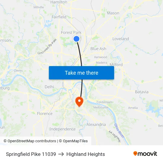 Springfield Pike 11039 to Highland Heights map