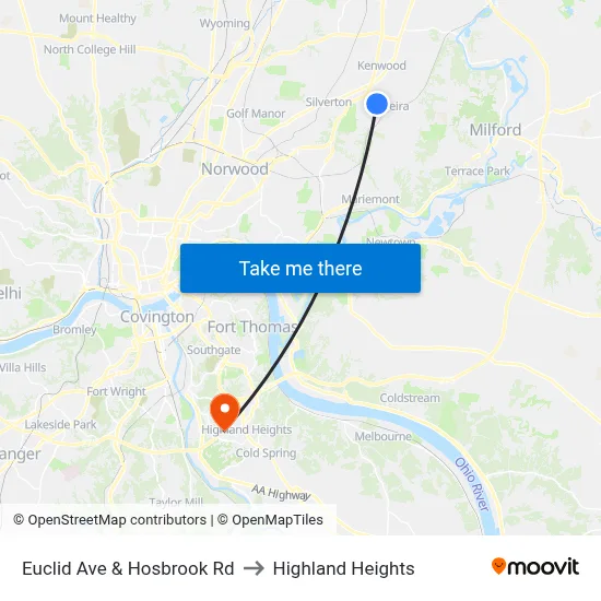Euclid Ave & Hosbrook Rd to Highland Heights map