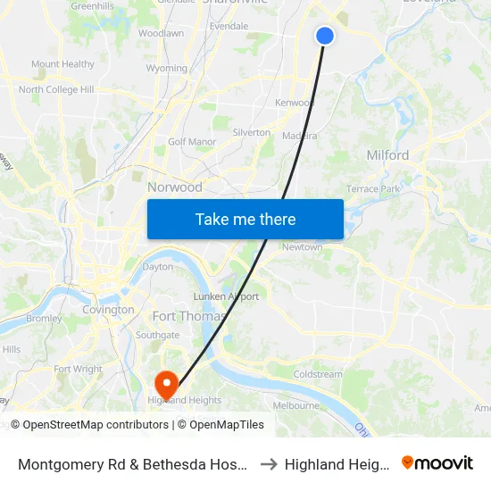Montgomery Rd & Bethesda Hospital to Highland Heights map