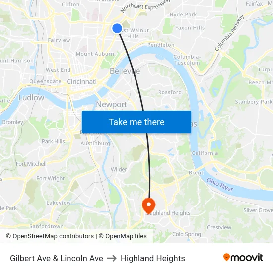 Gilbert Ave & Lincoln Ave to Highland Heights map