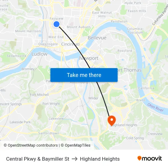 Central Pkwy & Baymiller St to Highland Heights map