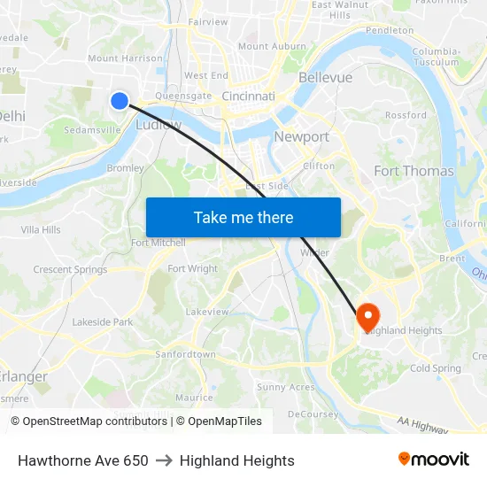 Hawthorne Ave 650 to Highland Heights map
