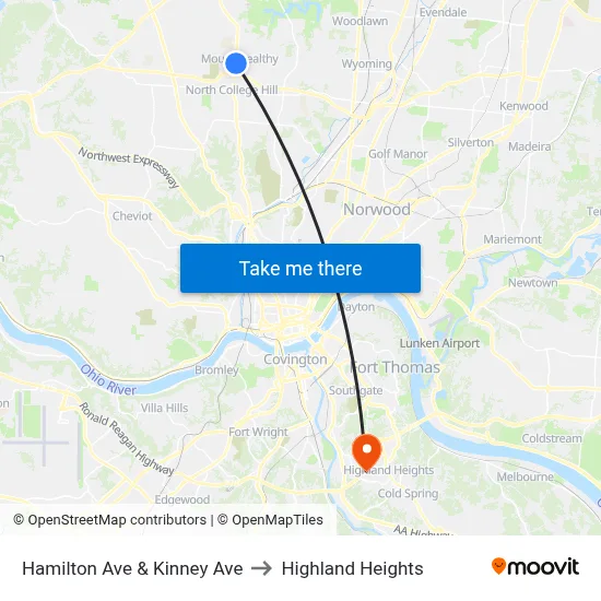 Hamilton Ave & Kinney Ave to Highland Heights map
