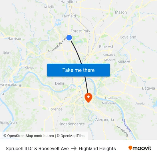 Sprucehill Dr & Roosevelt Ave to Highland Heights map
