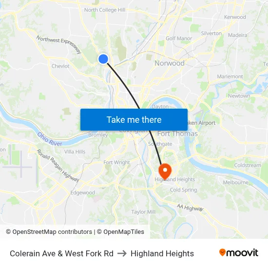 Colerain Ave & West Fork Rd to Highland Heights map