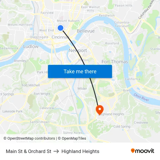 Main St & Orchard St to Highland Heights map