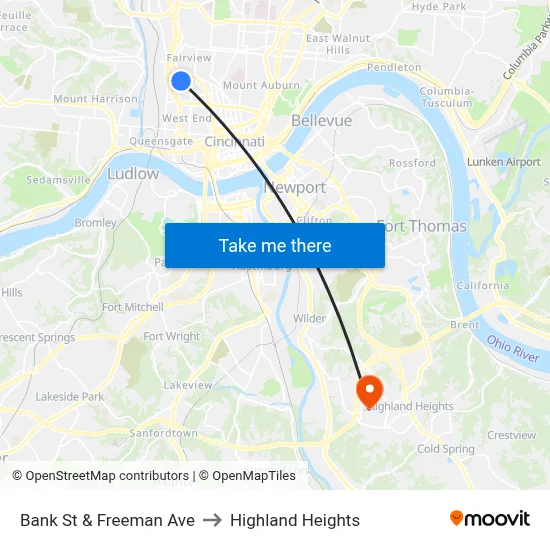 Bank St & Freeman Ave to Highland Heights map