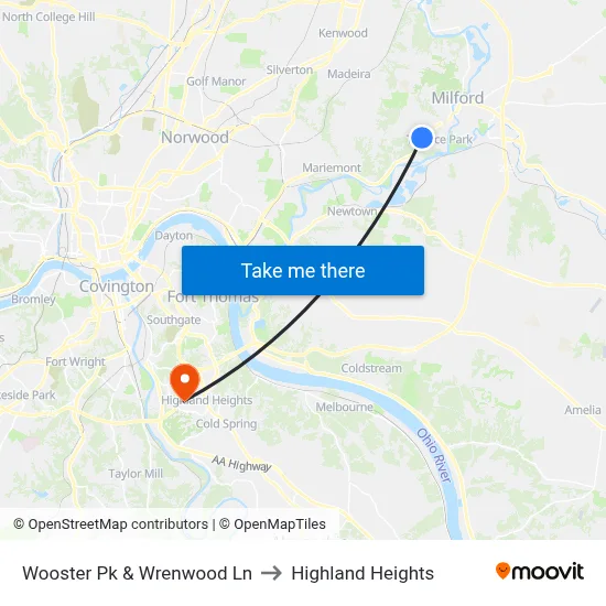 Wooster Pk & Wrenwood Ln to Highland Heights map