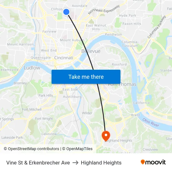 Vine St & Erkenbrecher Ave to Highland Heights map