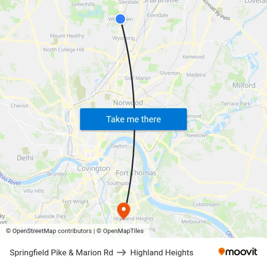 Springfield Pike & Marion Rd to Highland Heights map