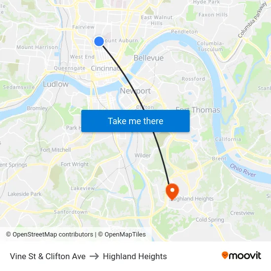 Vine St & Clifton Ave to Highland Heights map