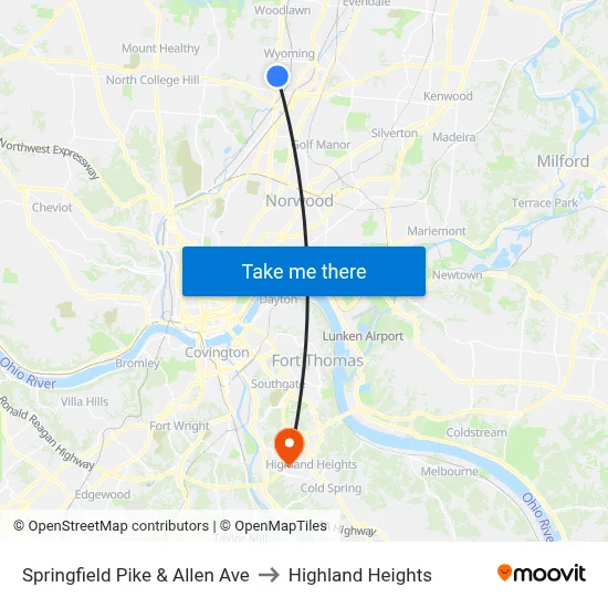 Springfield Pike & Allen Ave to Highland Heights map