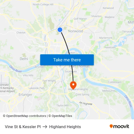 Vine St & Kessler Pl to Highland Heights map