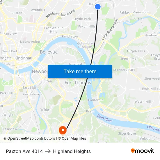 Paxton Ave 4014 to Highland Heights map