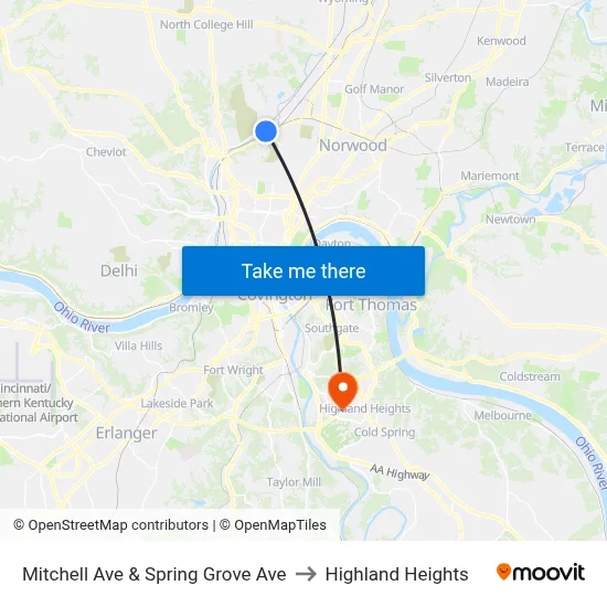 Mitchell Ave & Spring Grove Ave to Highland Heights map