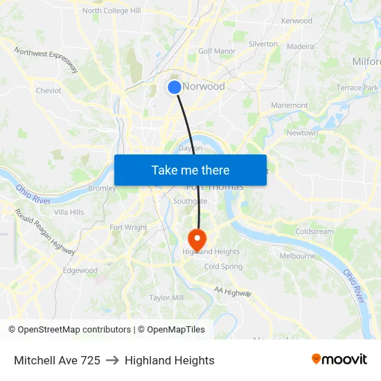 Mitchell Ave 725 to Highland Heights map