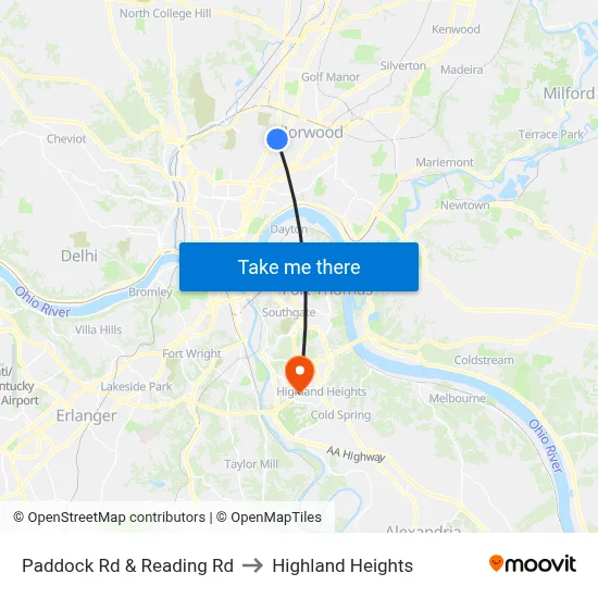 Paddock Rd & Reading Rd to Highland Heights map