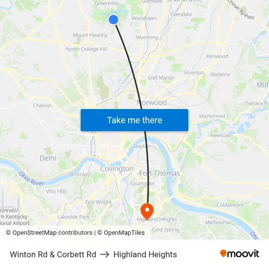 Winton Rd & Corbett Rd to Highland Heights map