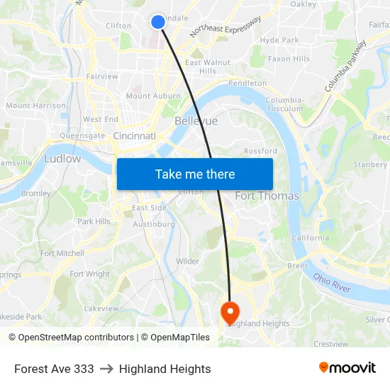 Forest Ave 333 to Highland Heights map