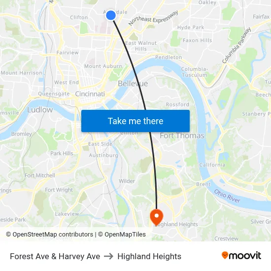 Forest Ave & Harvey Ave to Highland Heights map