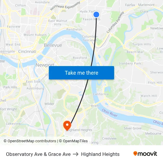Observatory Ave & Grace Ave to Highland Heights map