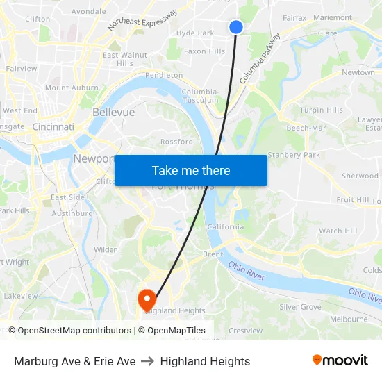 Marburg Ave & Erie Ave to Highland Heights map