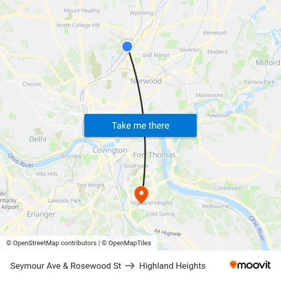 Seymour Ave & Rosewood St to Highland Heights map
