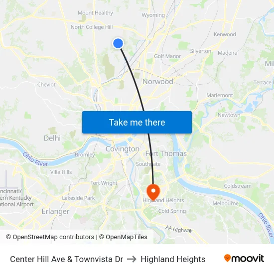 Center Hill Ave & Townvista Dr to Highland Heights map