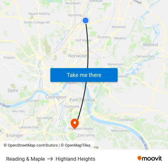 Reading & Maple to Highland Heights map