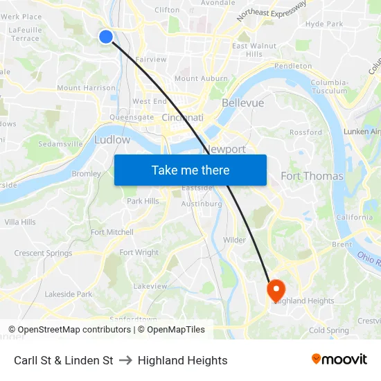 Carll St & Linden St to Highland Heights map