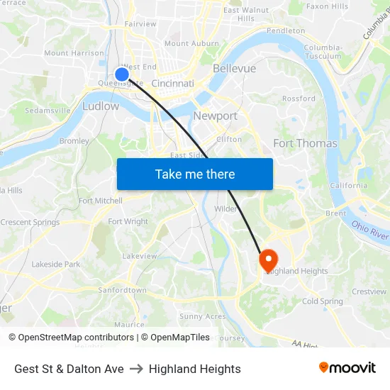 Gest St & Dalton Ave to Highland Heights map
