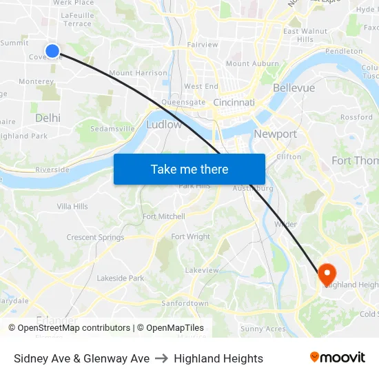 Sidney Ave & Glenway Ave to Highland Heights map