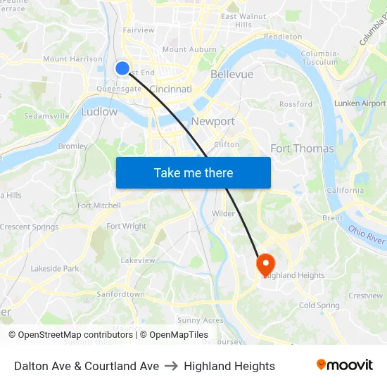 Dalton Ave & Courtland Ave to Highland Heights map