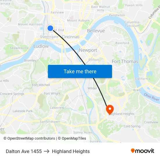 Dalton Ave 1455 to Highland Heights map