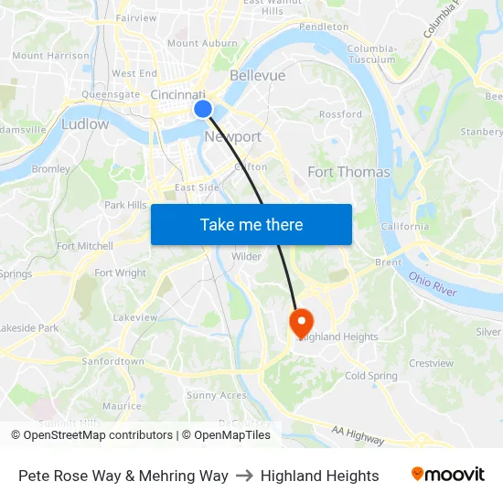 Pete Rose Way & Mehring Way to Highland Heights map
