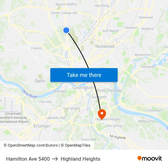 Hamilton Ave 5400 to Highland Heights map