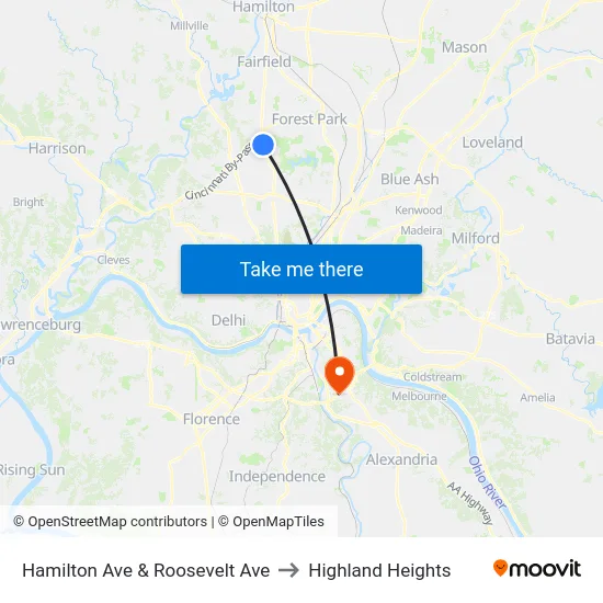 Hamilton Ave & Roosevelt Ave to Highland Heights map
