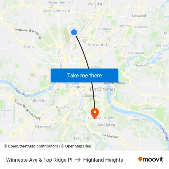 Winneste Ave & Top Ridge Pl to Highland Heights map