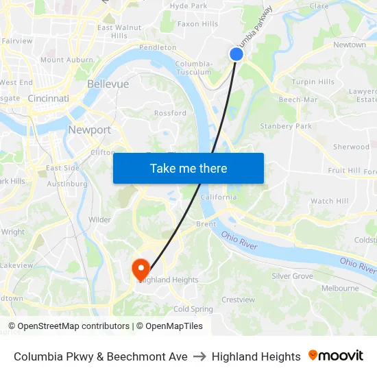 Columbia Pkwy & Beechmont Ave to Highland Heights map